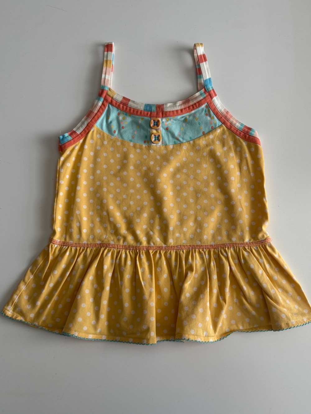 Matilda Jane Yellow Polka Dot Tank with Aqua, Coral, and White, Sz 8 EUC